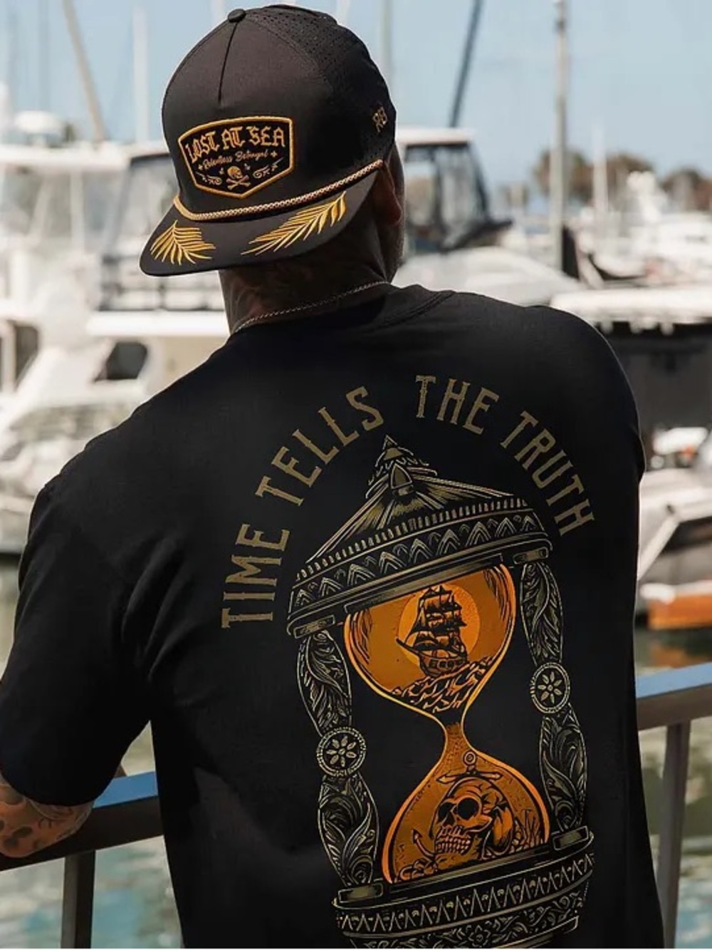 Men's Black Graphic Tee “Time Tells The Truth” with Gold Hourglass Print
